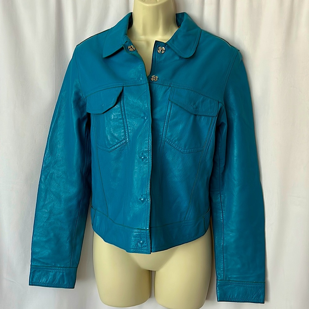 Studio Andrew Marc Wilson’s Vtg Turquoise Blue Leather Jacket Coat **Size S** - Picture 1 of 7